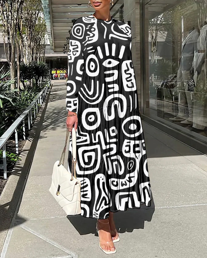 Black and White Geometric Totem Long Sleeve Casual Dress