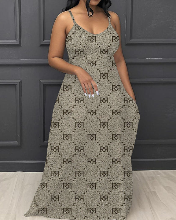 Classic R Letter Prints V-Neck Pocket Cami Dress