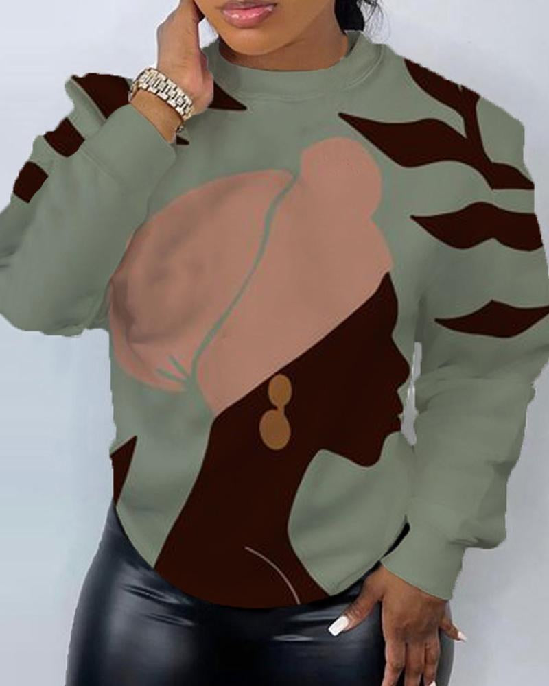 Black Girl Leaf Print Round Neck Long Sleeved Hoodie
