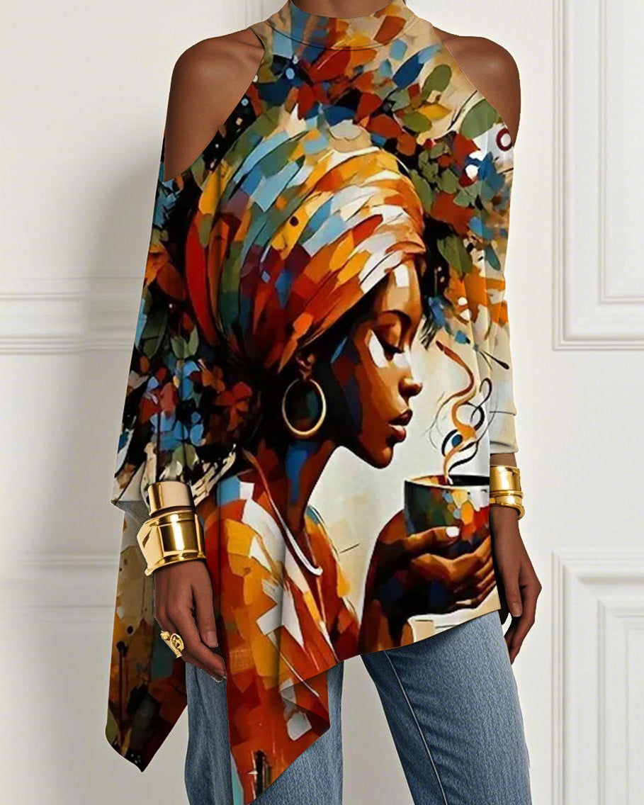 Oil Painting Art Prints Irregular Off-shoulder Top