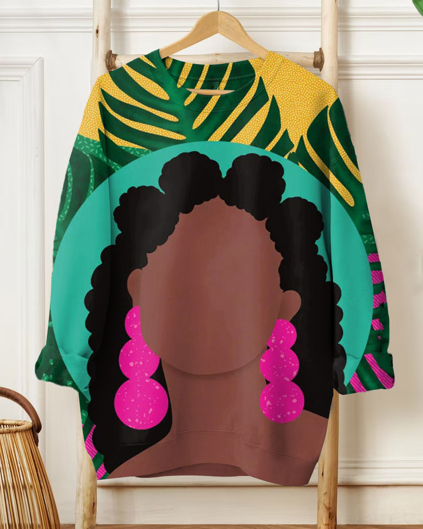 Women's Fashion Casual Brown Girl with Pink Earrings Print Long Sleeve Sweatshirt