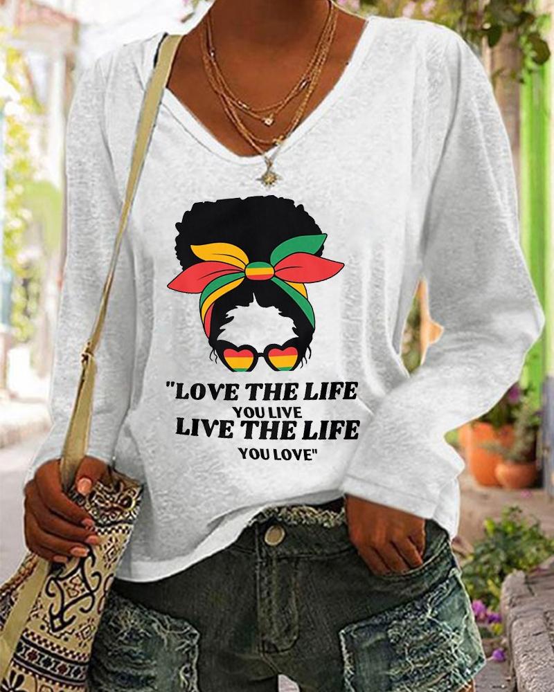 Casual Contrasting Color Black Alphabet Print Long Sleeve V-Neck Top