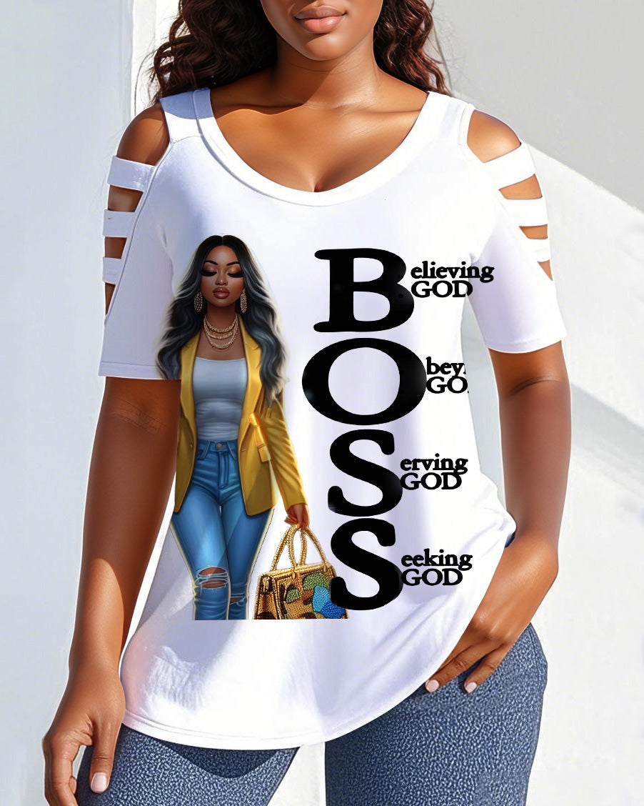 Boss God Round Neck Off-shoulder Short-sleeved T-shirt