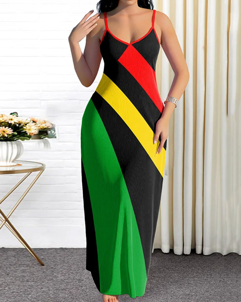 Color Contrast Casual Printed Sling Dress