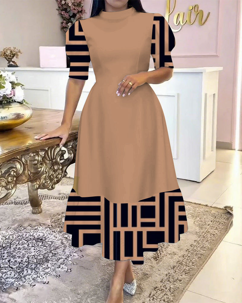 Geometric Patchwork Hem Puff-Sleeved Elegant Maxi Dress