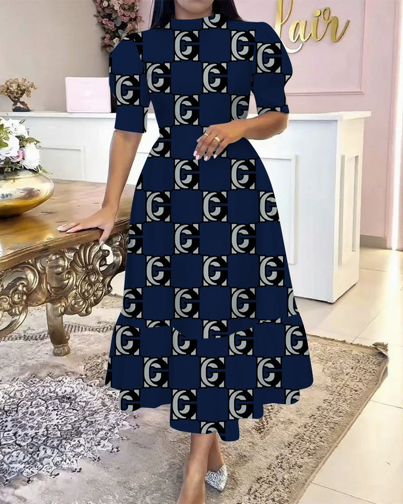 Classic C Letter Print Patchwork Hem Puff-Sleeved Elegant Maxi Dress