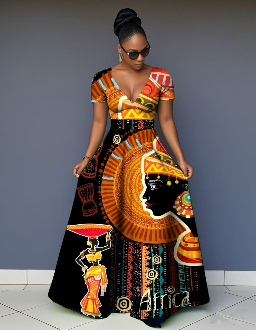 V Neck Black Woman Art Short Sleeve Maxi Dress