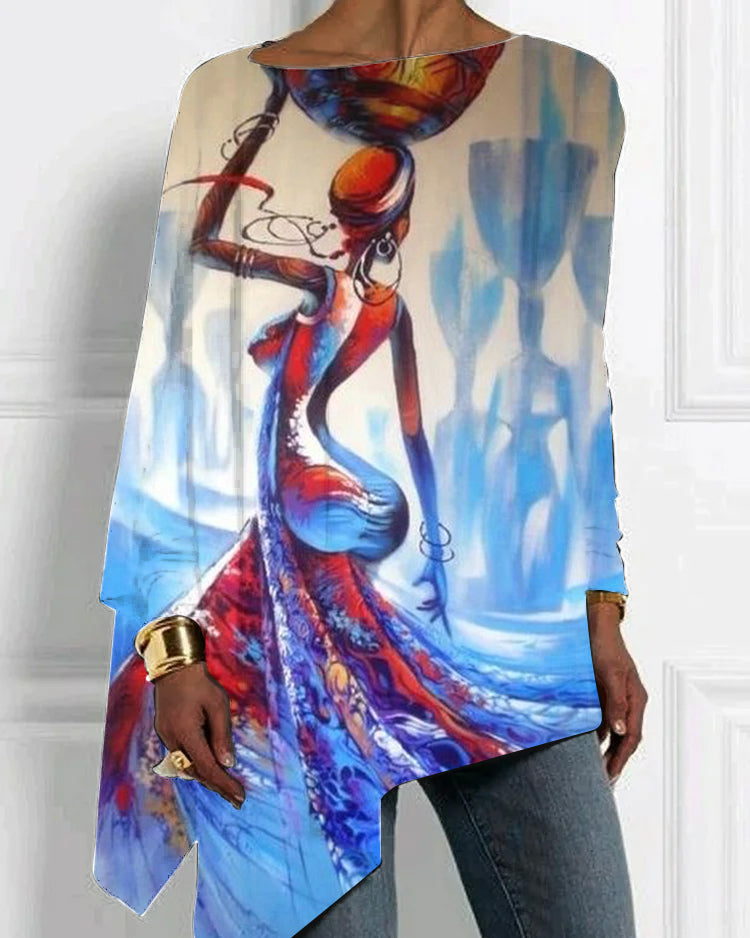 Fashion Oil Painting Black Printed Irregular Hem Tops