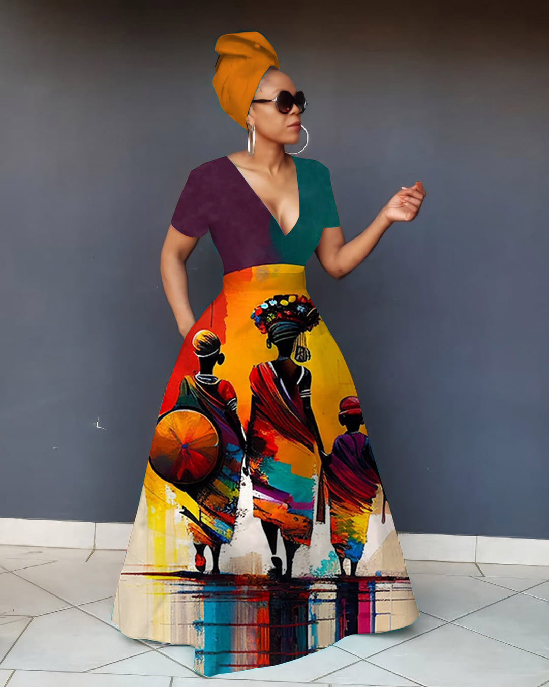 V Neck African Classic Oil Painting Short Sleeve Maxi Dress