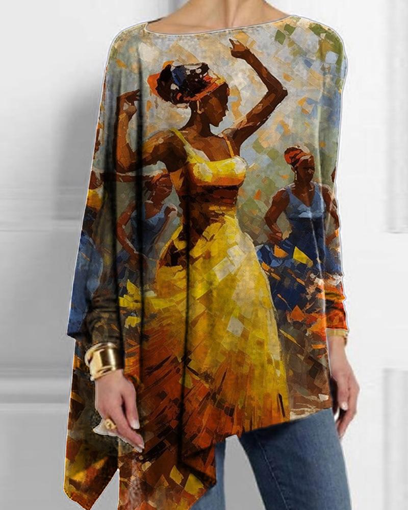 Oil painting black woman dance printed long sleeve irregular hem top