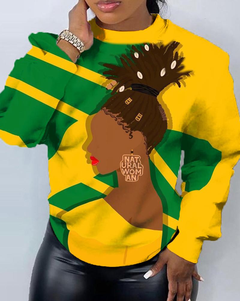 Black Women's Color Printed Round Neck Long Sleeved Hoodie