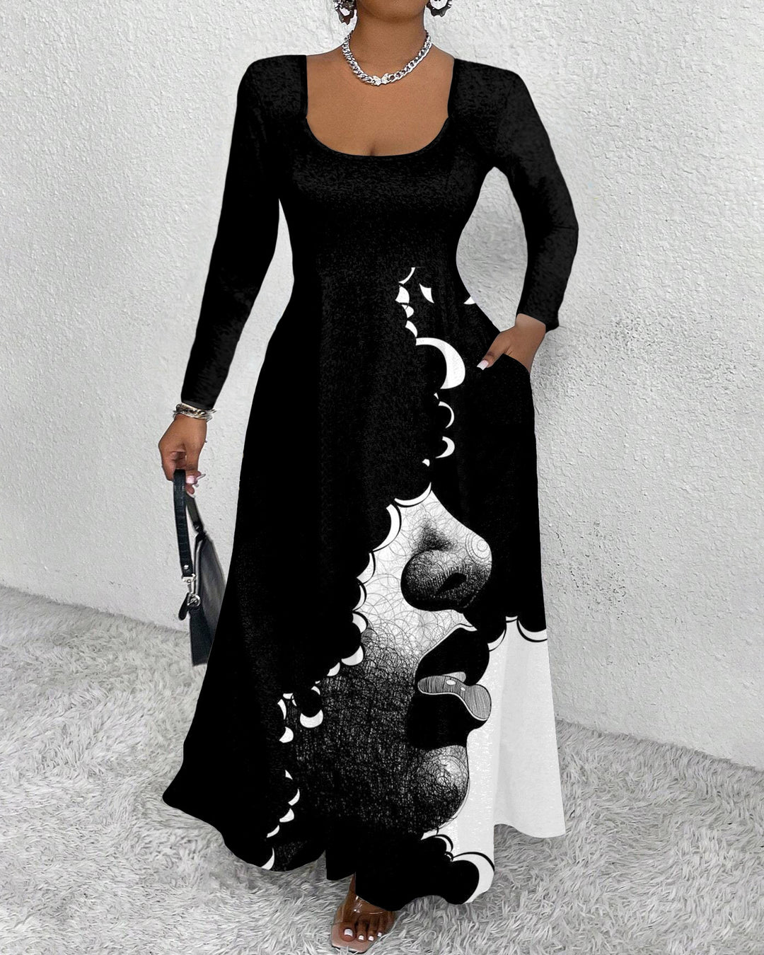 Afro Woman Art Long Sleeve Maxi Dress