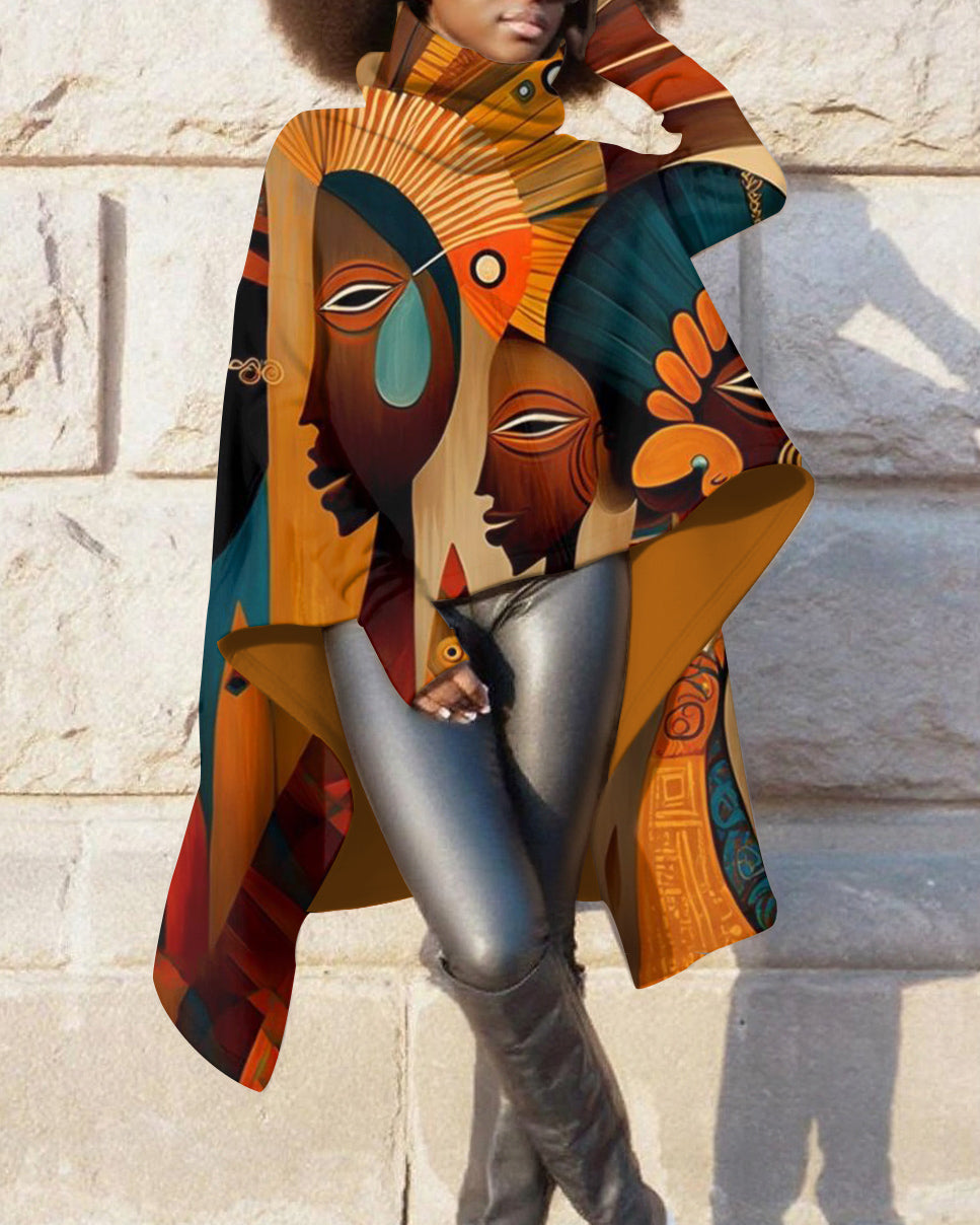 High Collar Pullover Tribal Beauties Irregular Long Sleeve Warm Sweatshirt