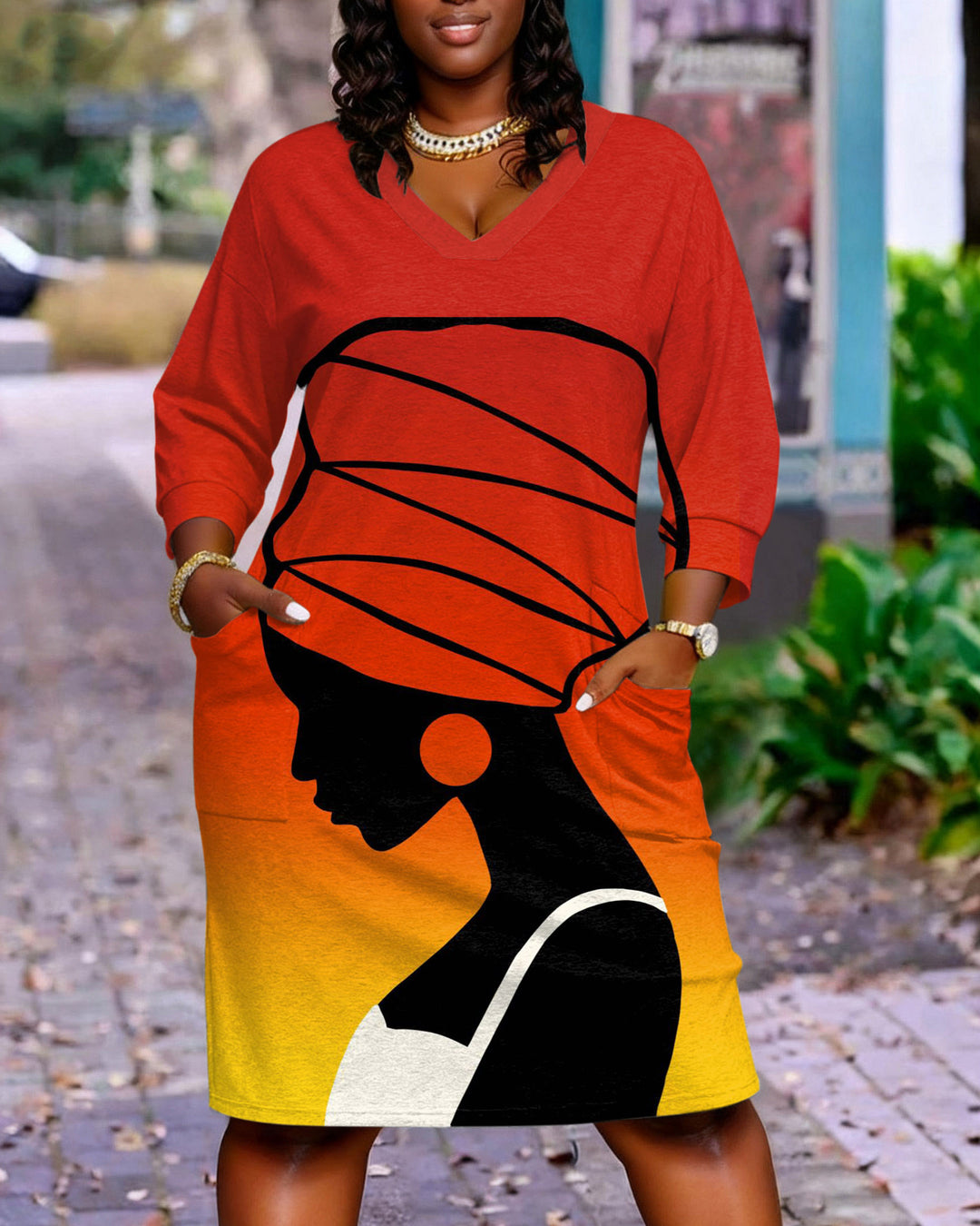 Black Tribal Girl Painting Long Sleeve Casual V-neck Pocket Dress