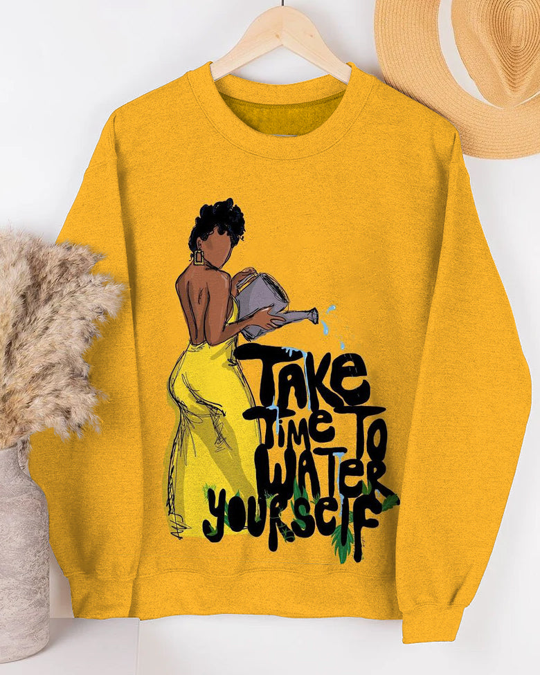 Take Time To Water Yourself Letter Cartoon Print Long Sleeve Sweatshirt