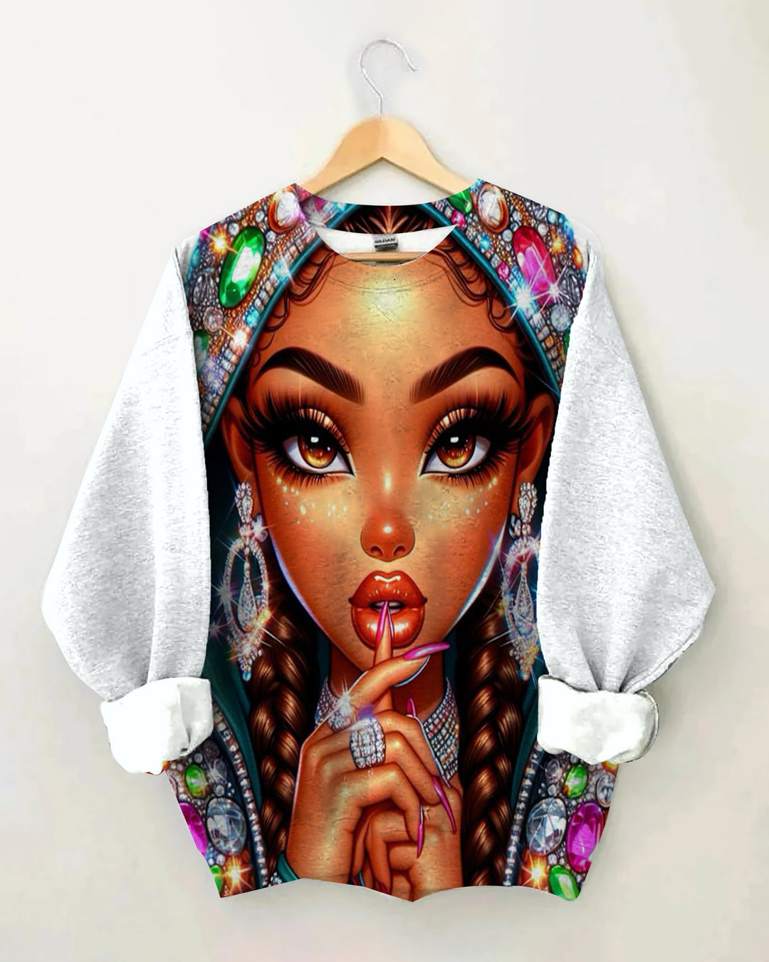 Cartoon Gemstone Dreadlocks Black Girl Personality Printed Round Neck Long Sleeve Top