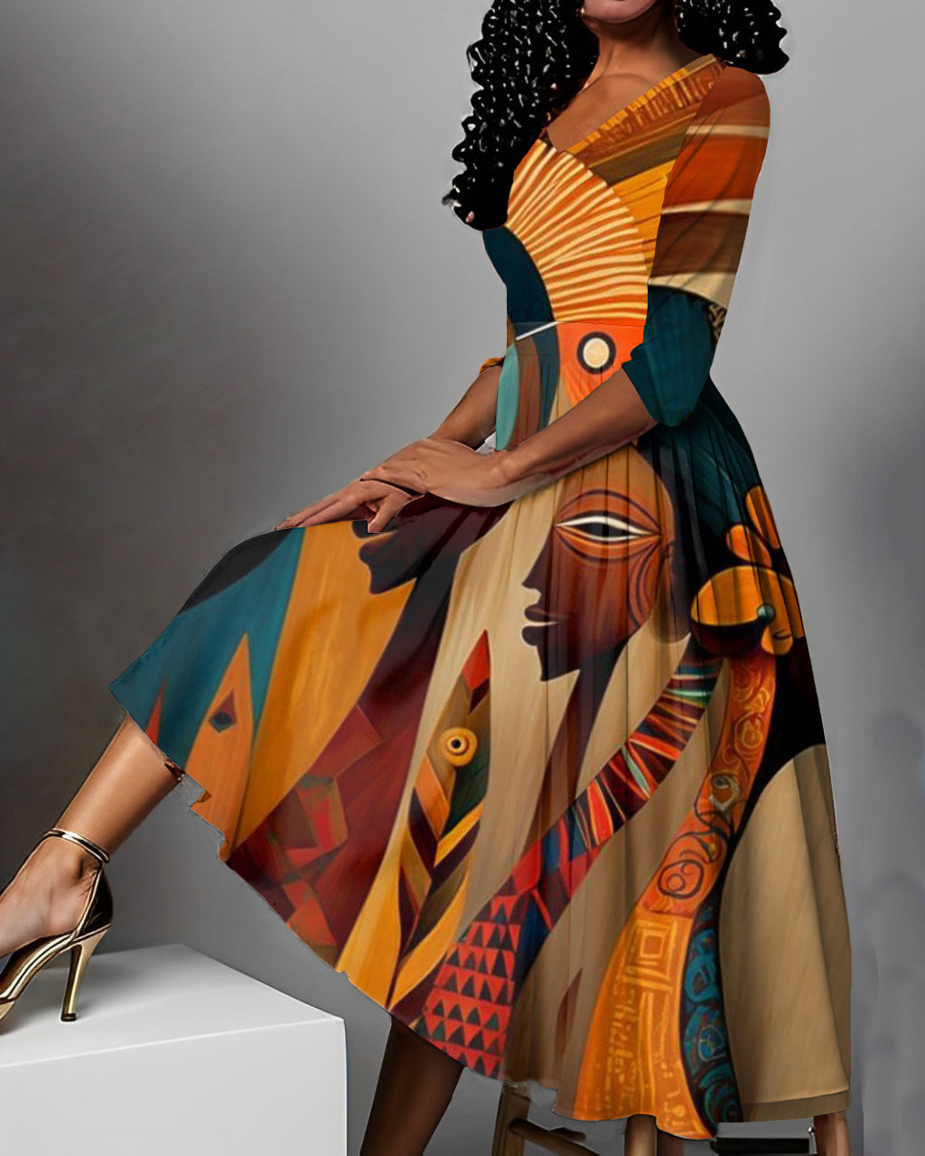 Retro Tribal Contrast Print V Neck Maxi Dress