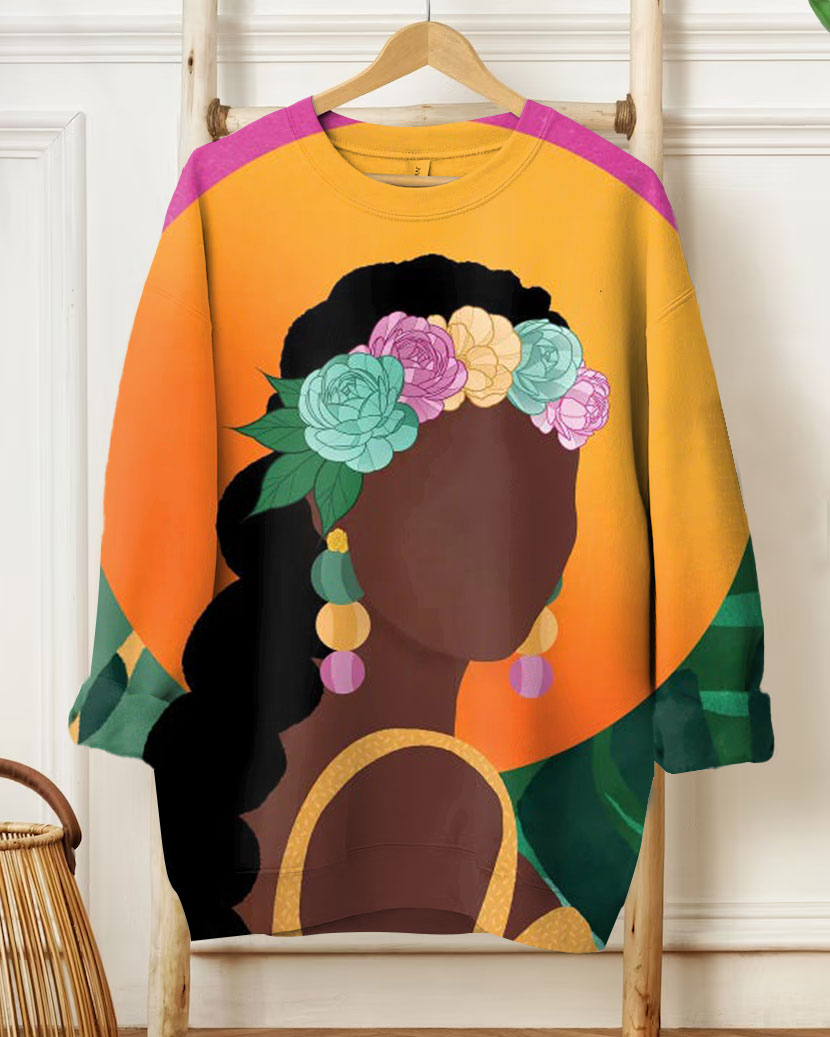 Women's Fashion Casual Flower Brown Girl Print Long Sleeve Sweatshirt