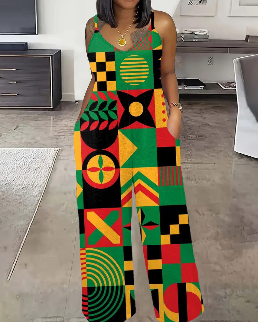 Reggae Geometric Flowers Spaghetti Strap Casual Jumpsuit