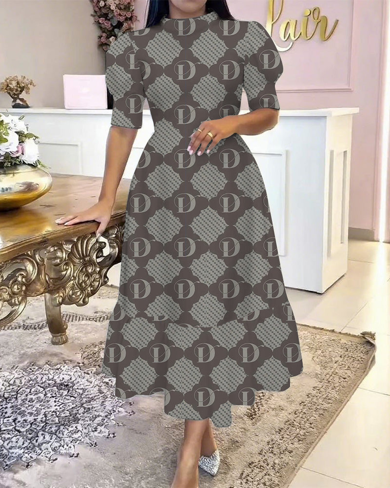 Classic D Letter Print Patchwork Hem Puff-Sleeved Elegant Maxi Dress