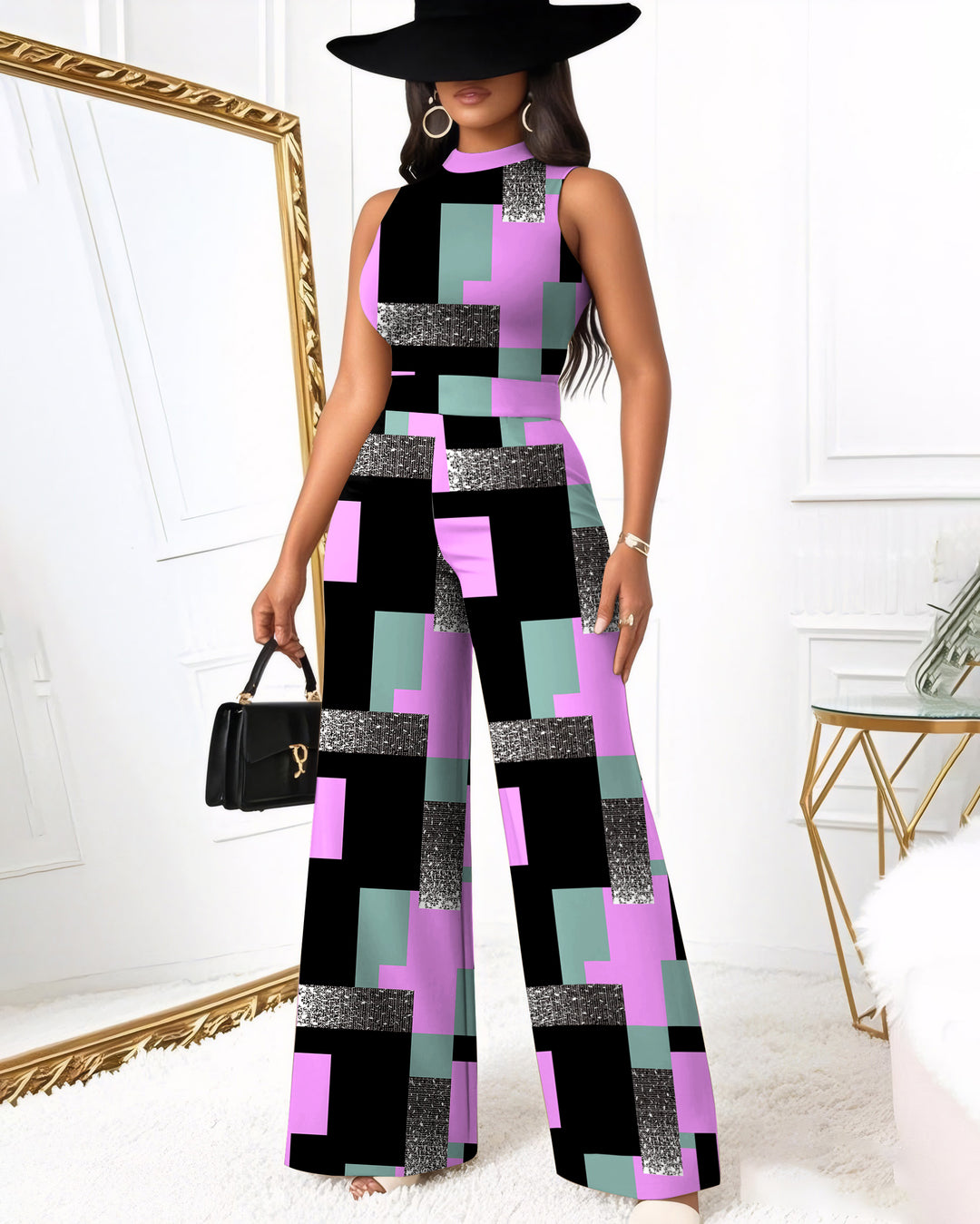 Geometric Block Color Contrast Wide Leg Jumpsuit