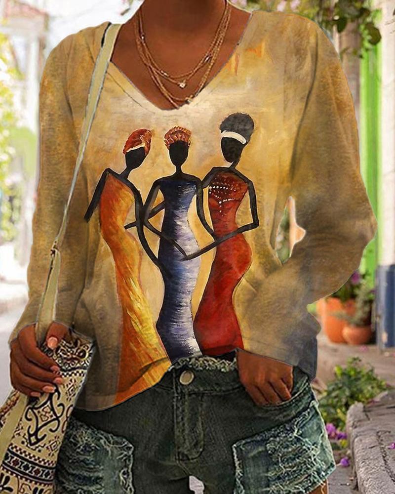 Contrast color art black print v-neck top
