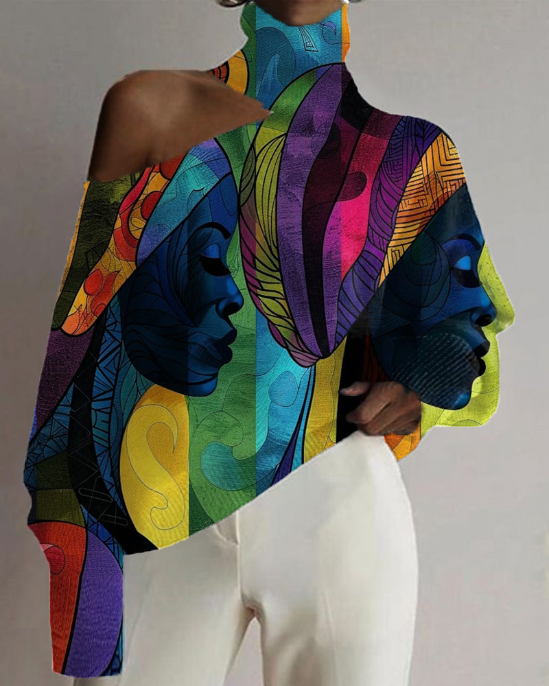 Black Cartoon Personality Off-the-shoulder Women's Casual Turtleneck Print Top