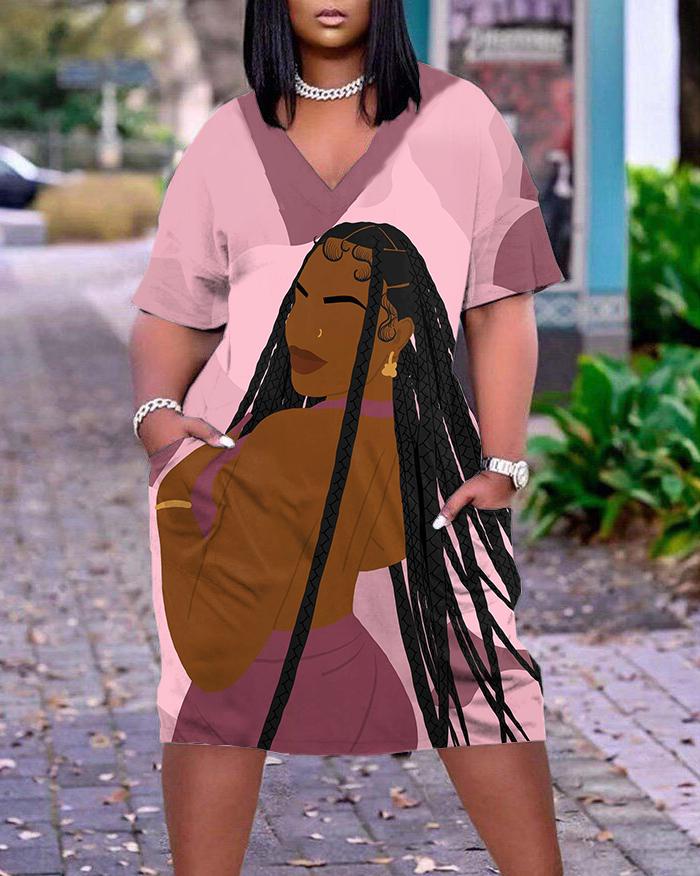 V-neck Brown Girl Illustration with Long Braids Pocket A-line Dress
