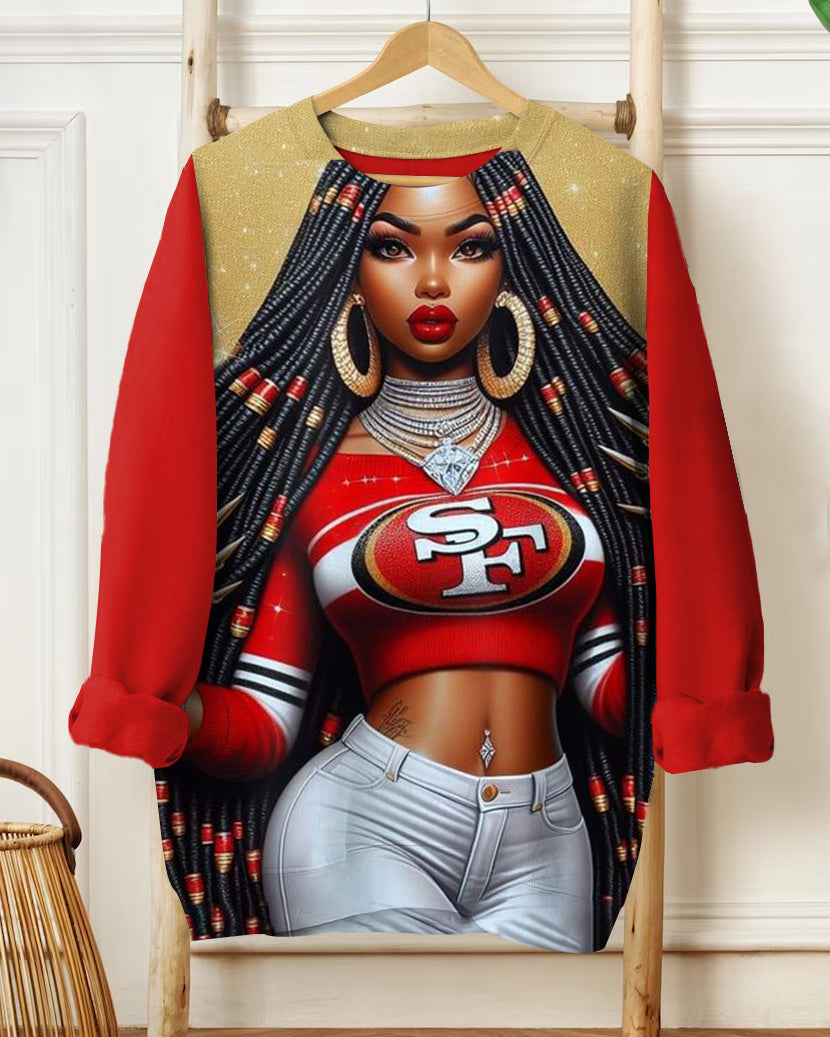 Rugby Cartoon Girl Print Long Sleeve Sweatshirt