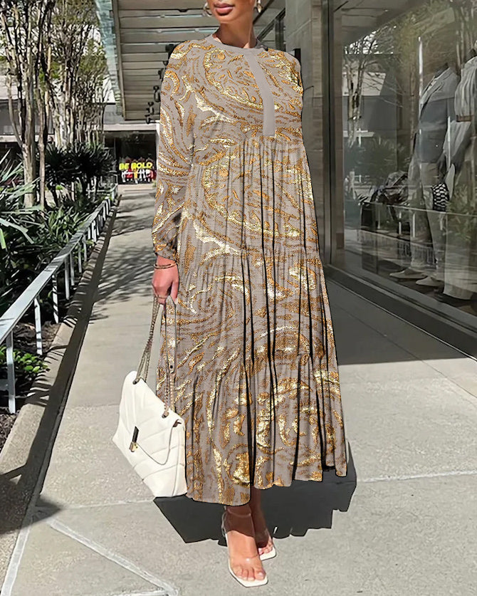 Elegant Golden Flowers Long Sleeve Casual Dress
