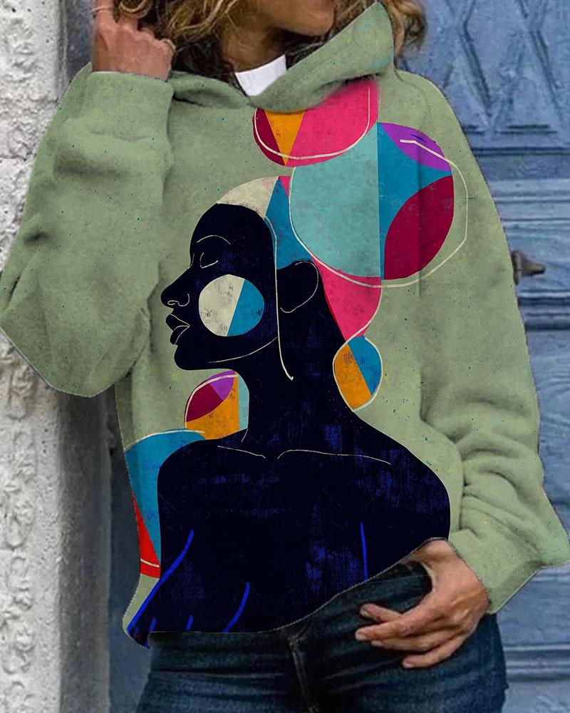 Contrast Color Art Black Woman Long Sleeves Hoodie