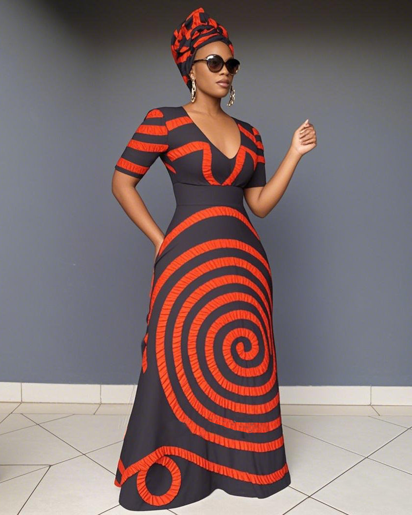 V Neck Circular Geometric Waves Short Sleeve Maxi Dress