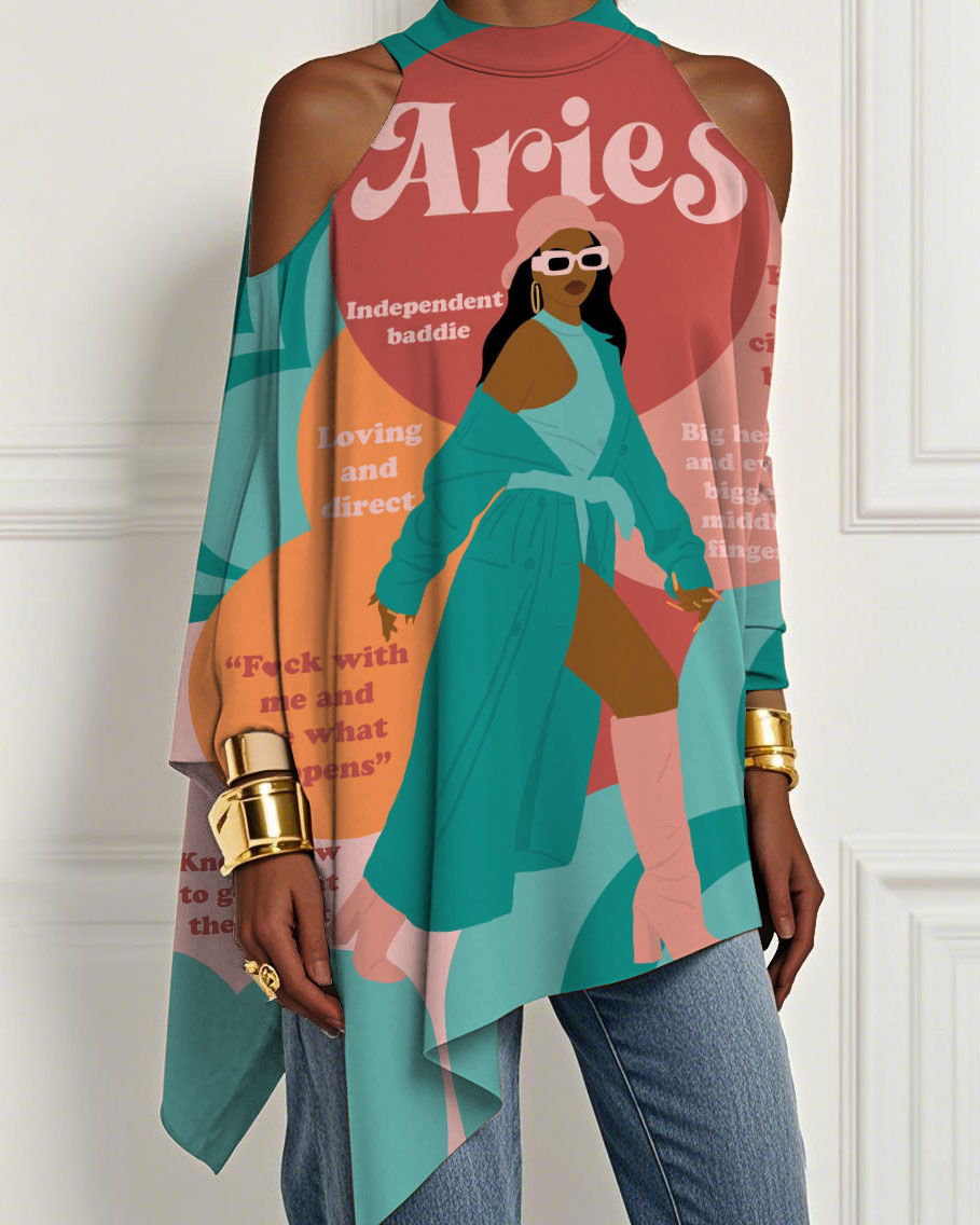 Aries Girly Season Illustration Irregular Off-shoulder Top