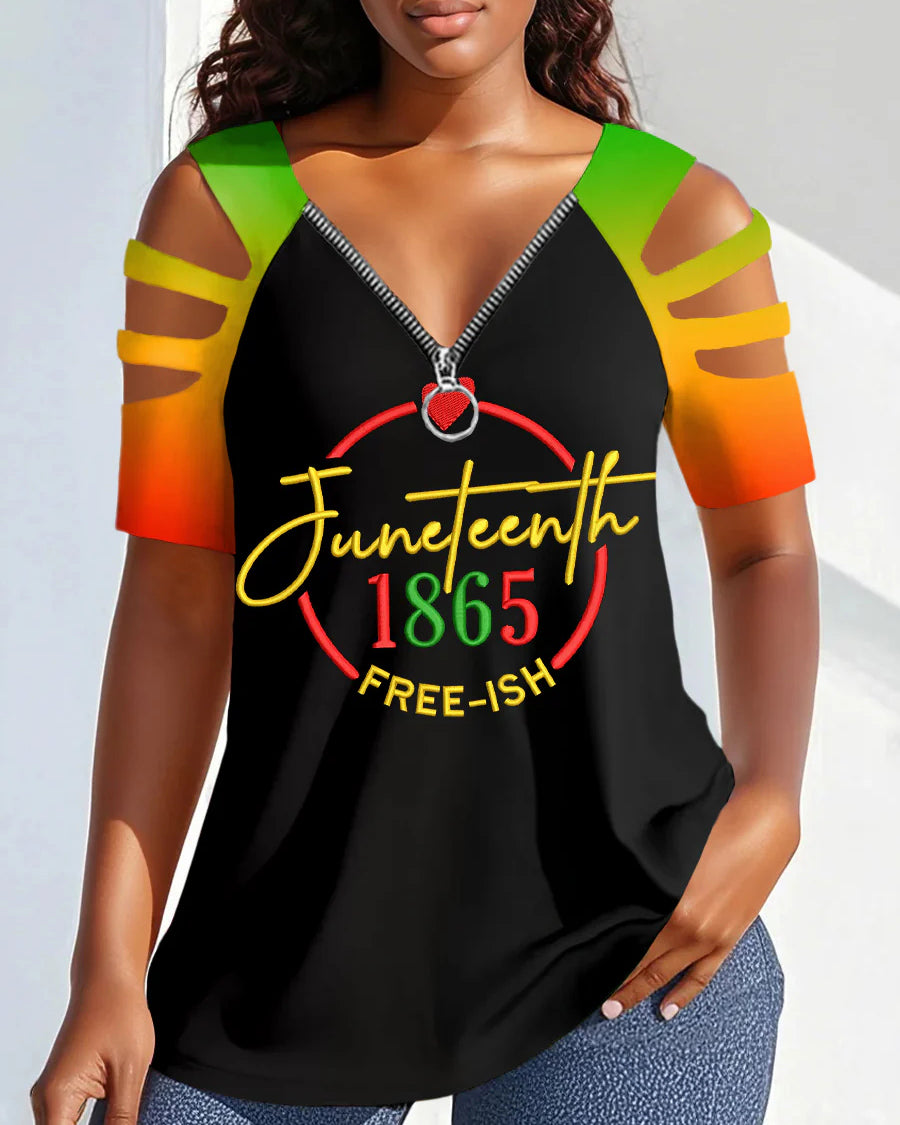 Juneteenth 1865 Zipper V-Neck Short Sleeve Tshirt