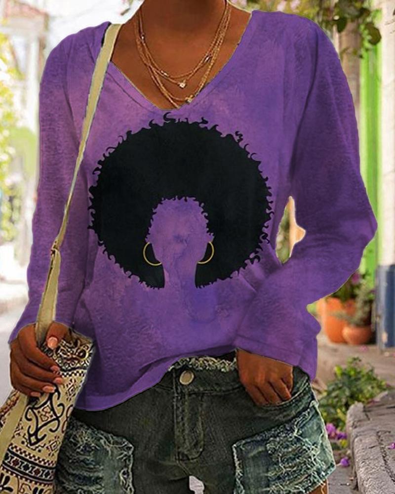 Black Afro Solid Color Printed Ladies Long Sleeve Top