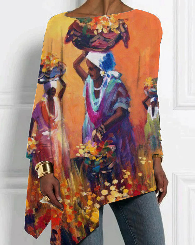 Ethnic Oil Painting Print Irregular Hem Top