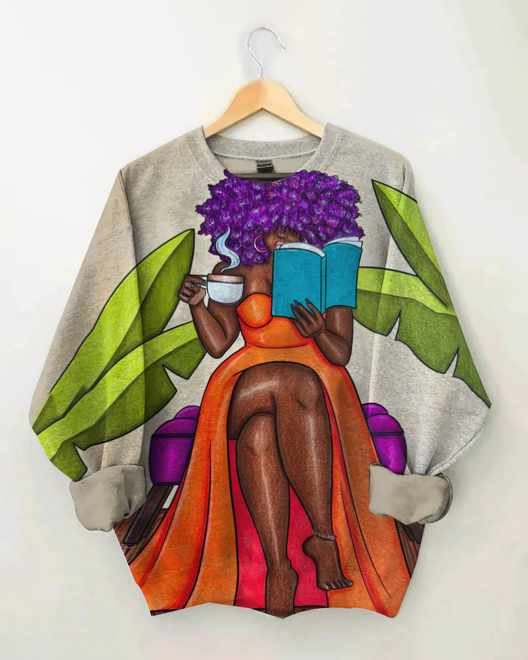 Coffee Reading Afro Girl Print Long Sleeve Sweatshirt