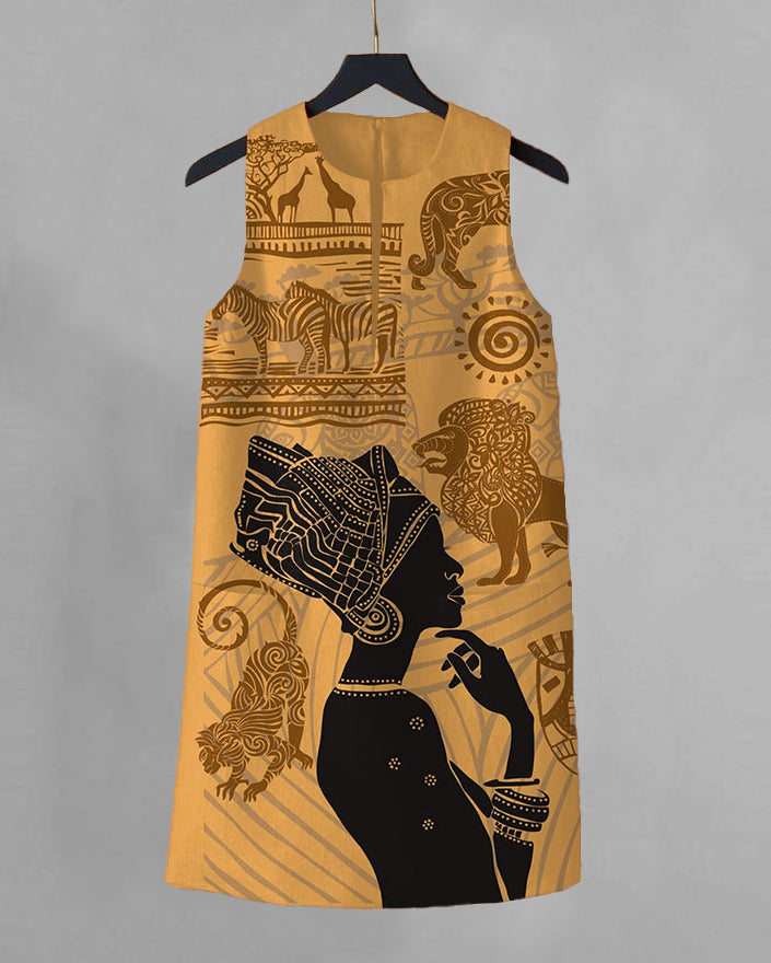 Vintage African Tribal Print Deep V Pocket A-Line Dress