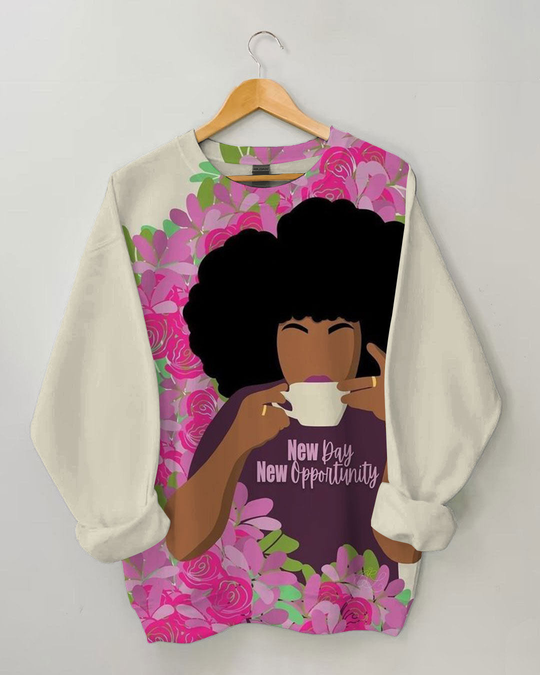 Afro Girl with Flower Print Long Sleeve Sweatshirt