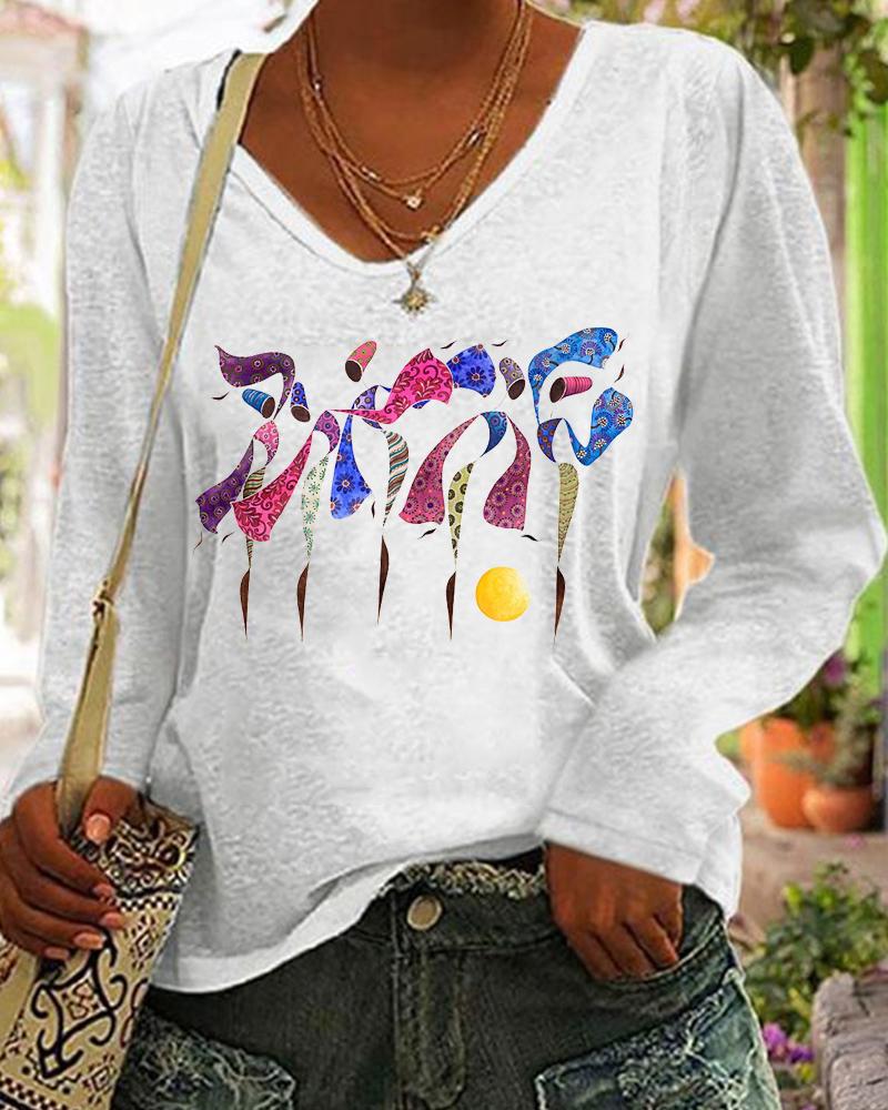 Contrast color retro black print long-sleeved V-neck top