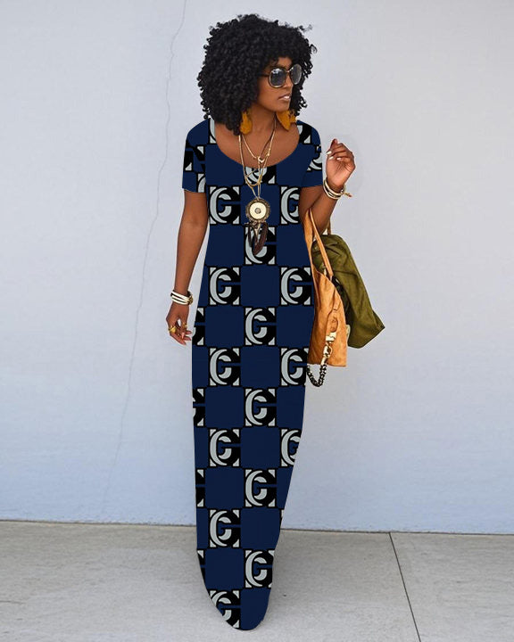 Arrangement Of C Letter Prints Short Sleeve Crew Neck Maxi Dress