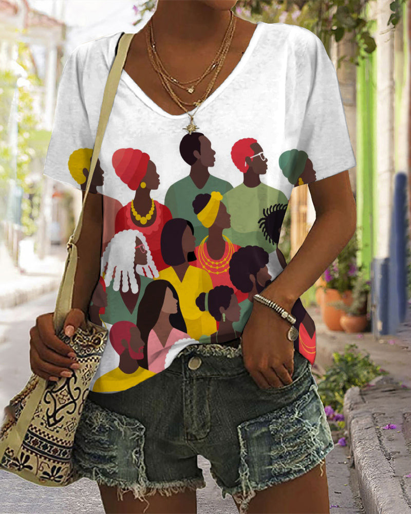 Celebrating Juneteenth Character Illustration V Neck Short Sleeve Tshirt