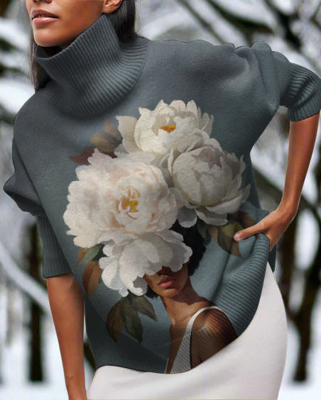 Flower Art Girl High Neck Long Sleeve Top