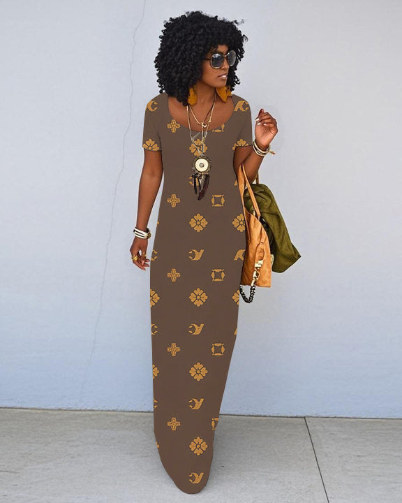 Floral Geometric Changing Print Short Sleeve Crew Neck Maxi Dress