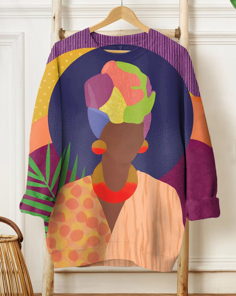 Women's Fashion Casual African Girl Colorful Print Long Sleeve Sweatshirt