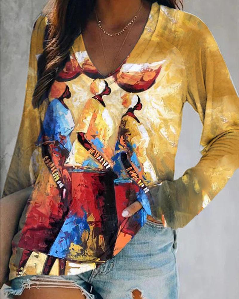 Art retro painted black print V-neck long-sleeved top