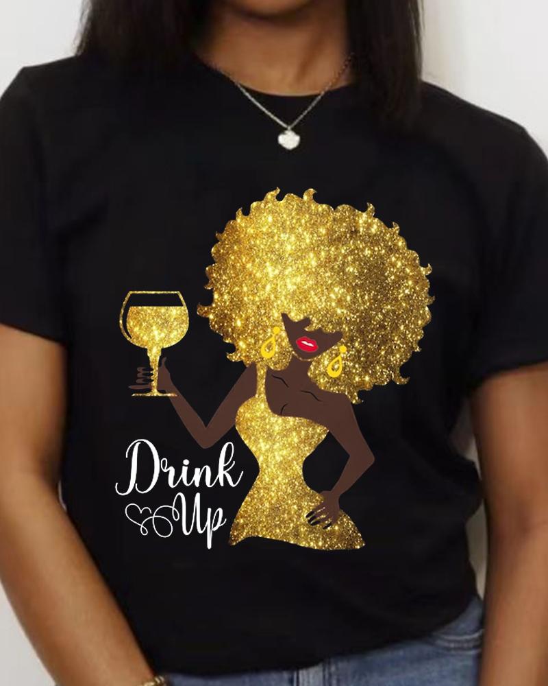 Gold Explosive Head Girl Wine Cup Printed Short Sleeved T-Shirt