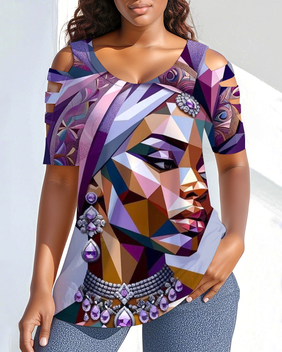Purple African Tribal Woman Off-shoulder Short-sleeved T-shirt
