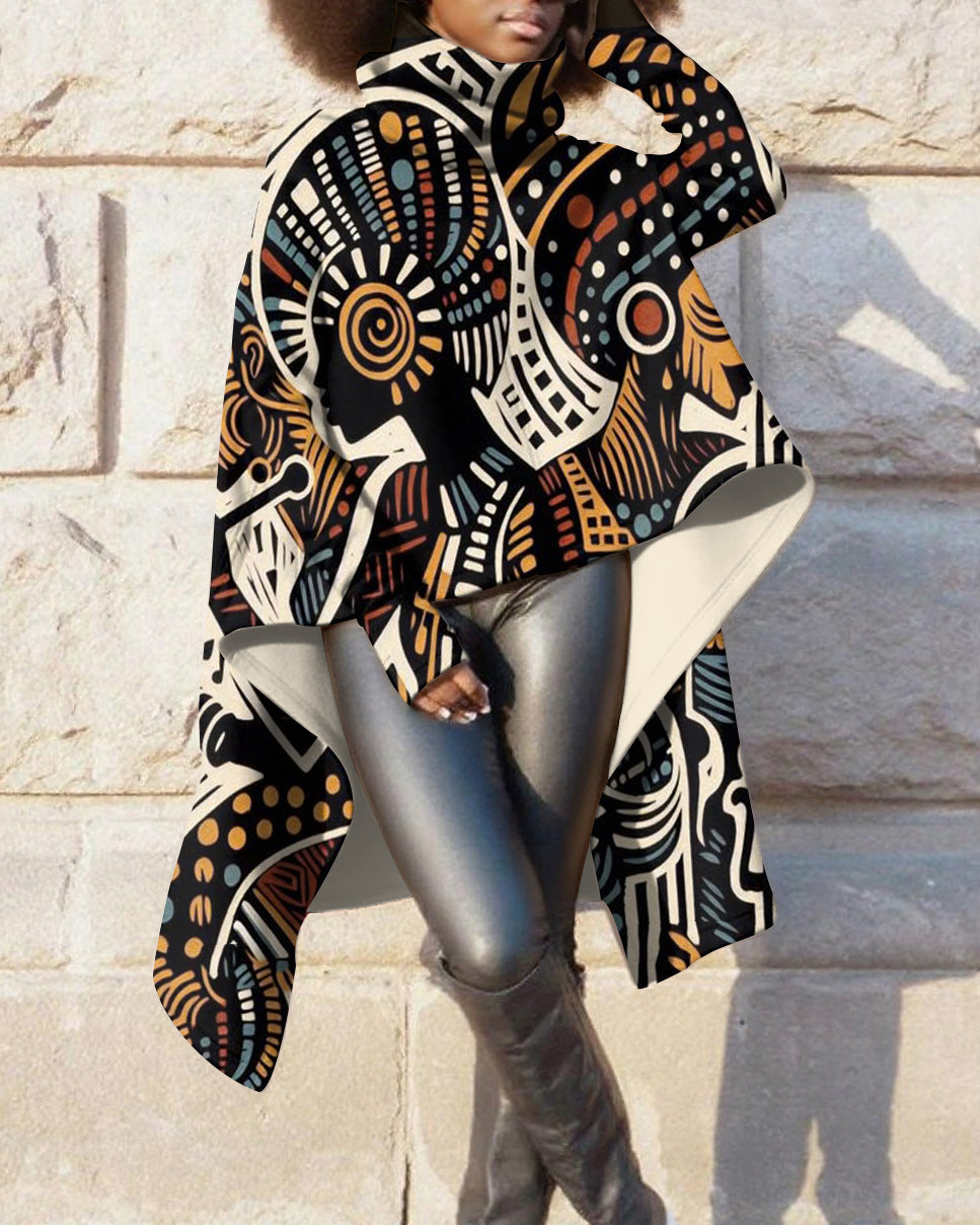 High Collar Pullover African Tribal Women Irregular Long Sleeve Warm Sweatshirt
