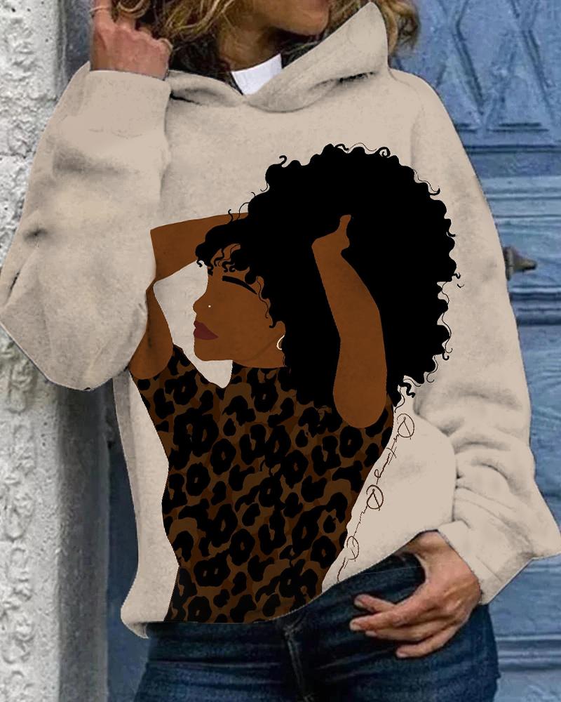 Leopard Skirt Afro Girl Long Sleeves Hoodie